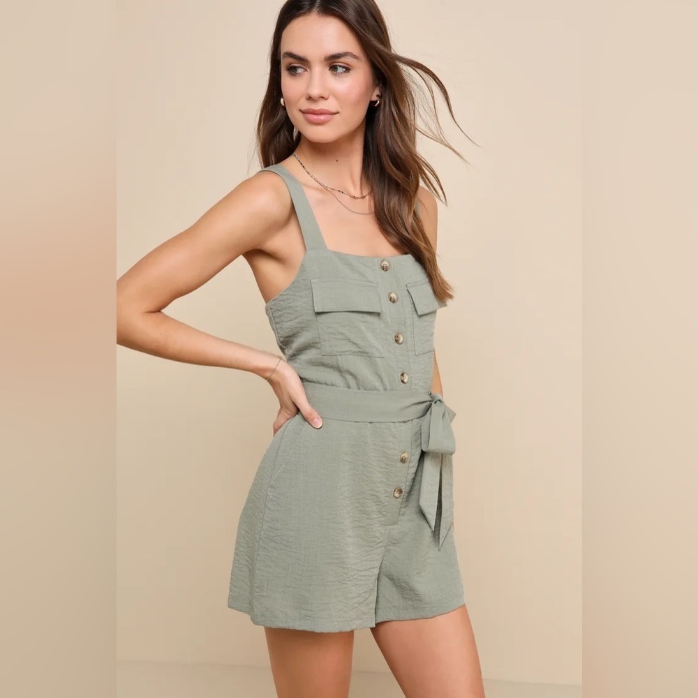 Lulus Daily Choice Sage Green Sleeveless Belted Button-Front Romper - Picture 1 of 9